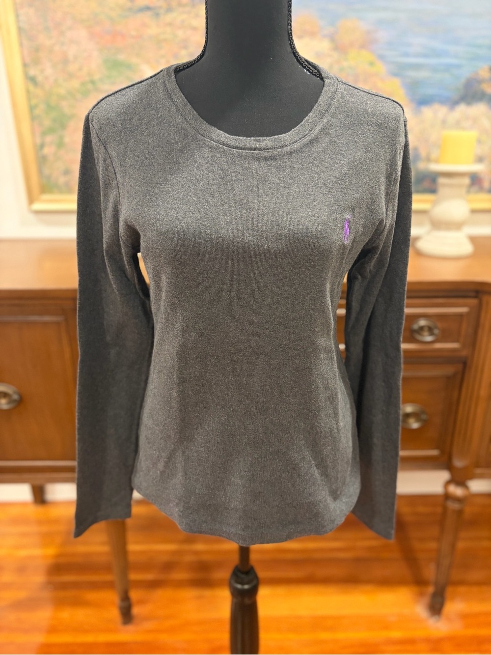 Ralph Lauren 100% Cotton Long-Sleeve Crewneck Tee in Dark Gray with Purple Pony
